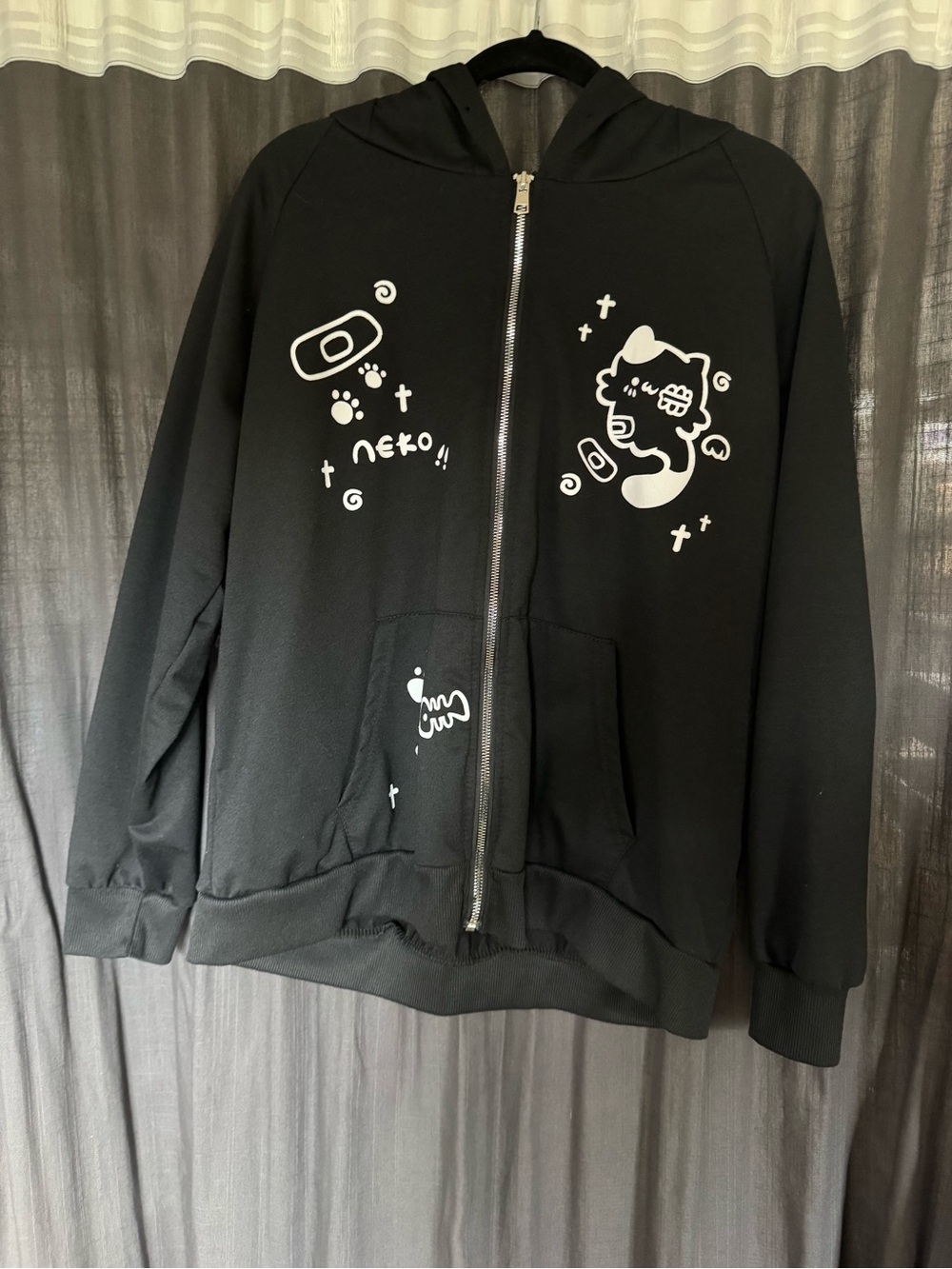 Amazon Black Zip-Up Hoodie with White Cat Graphics and cat ears